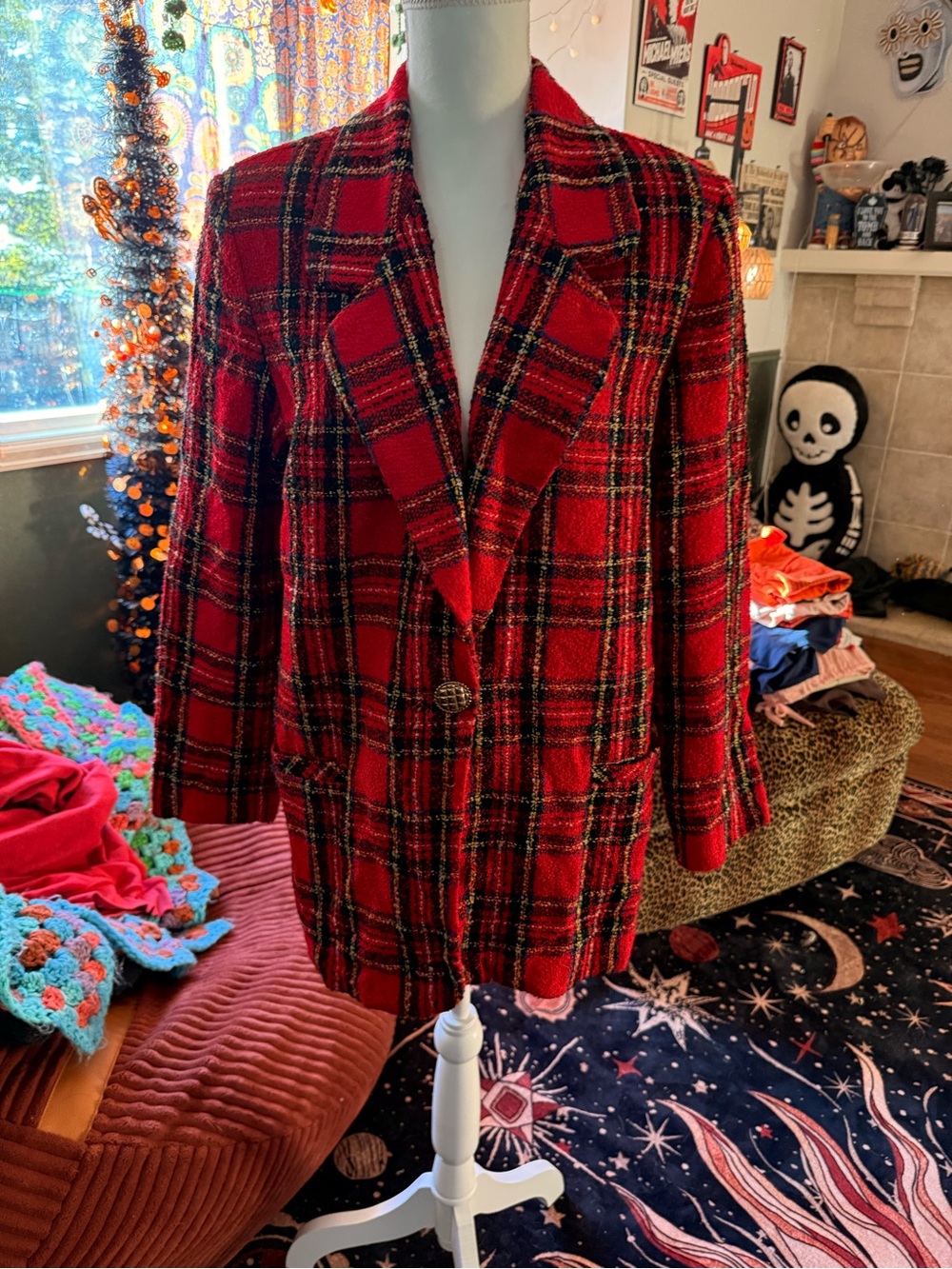 Red Plaid Blazer Jacket - Women's Tailored Longline Coat